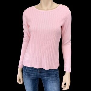 Talbots Sweater Women Small Petite Pink Long Sleeve Rib Embellished Button